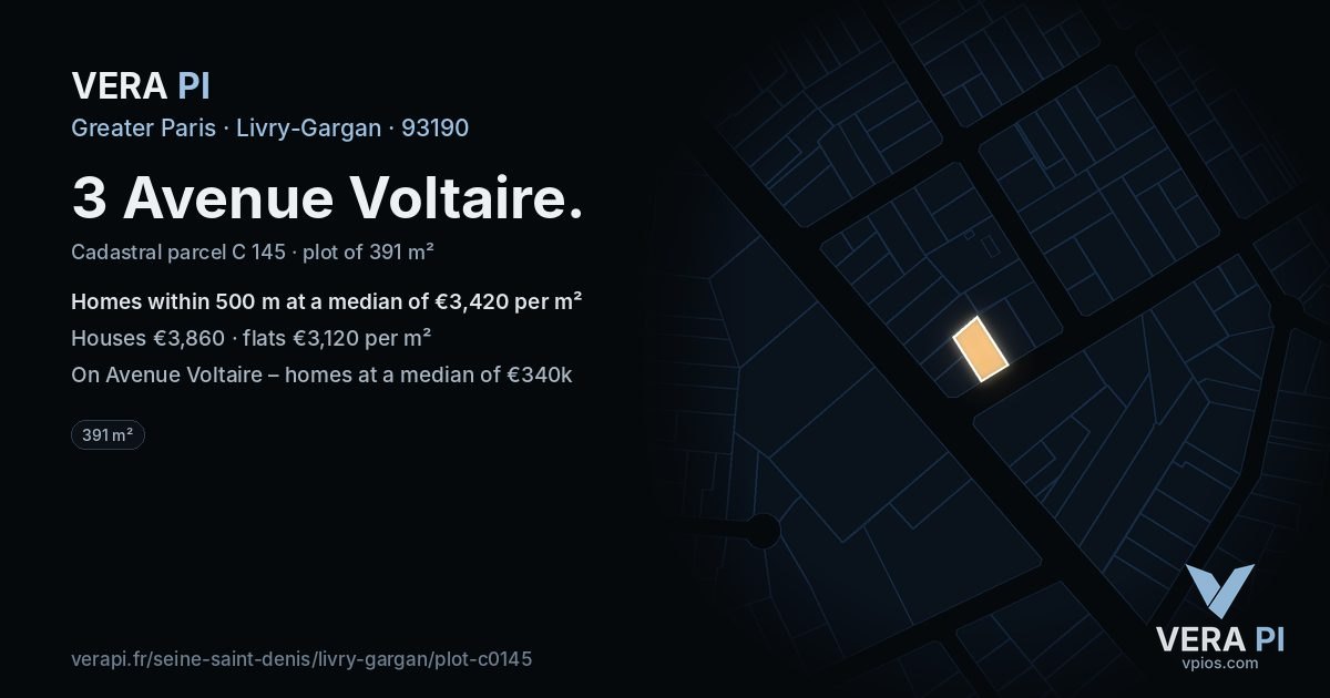3 Avenue Voltaire, Livry-Gargan at night – the plot lit, the parcels around coloured by the prices near them