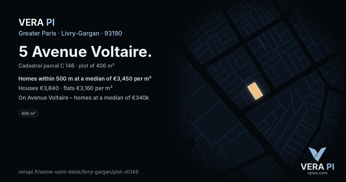 5 Avenue Voltaire, Livry-Gargan at night – the plot lit, the parcels around coloured by the prices near them
