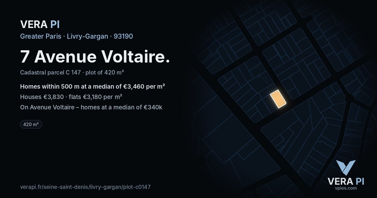 7 Avenue Voltaire, Livry-Gargan at night – the plot lit, the parcels around coloured by the prices near them
