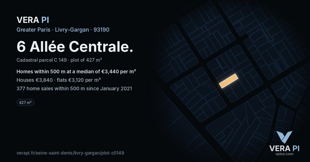 6 Allée Centrale, Livry-Gargan at night – the plot lit, the parcels around coloured by the prices near them