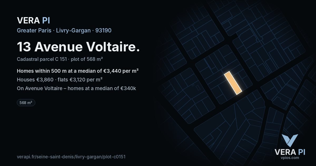 13 Avenue Voltaire, Livry-Gargan at night – the plot lit, the parcels around coloured by the prices near them