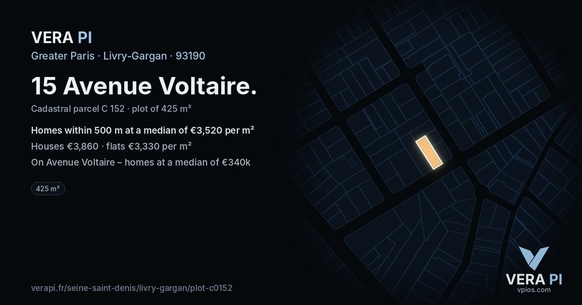 15 Avenue Voltaire, Livry-Gargan at night – the plot lit, the parcels around coloured by the prices near them