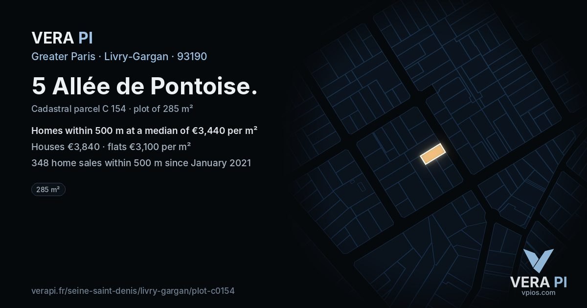 5 Allée de Pontoise, Livry-Gargan at night – the plot lit, the parcels around coloured by the prices near them
