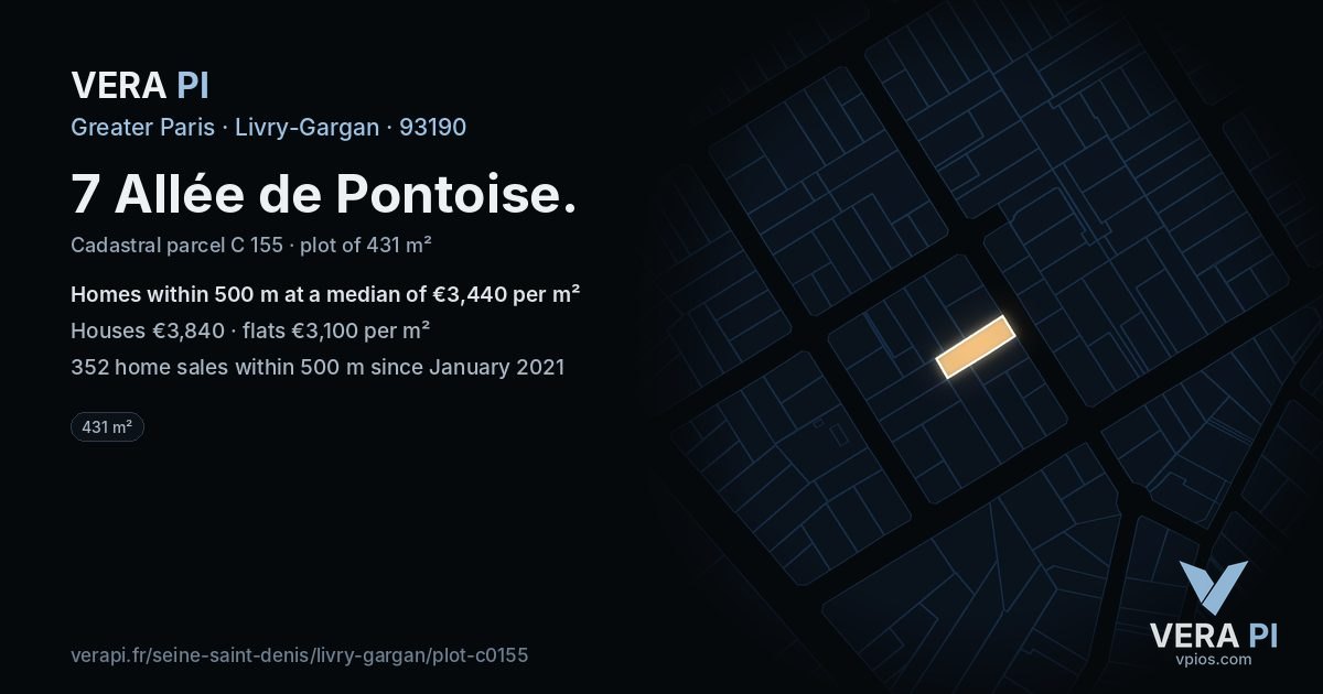 7 Allée de Pontoise, Livry-Gargan at night – the plot lit, the parcels around coloured by the prices near them