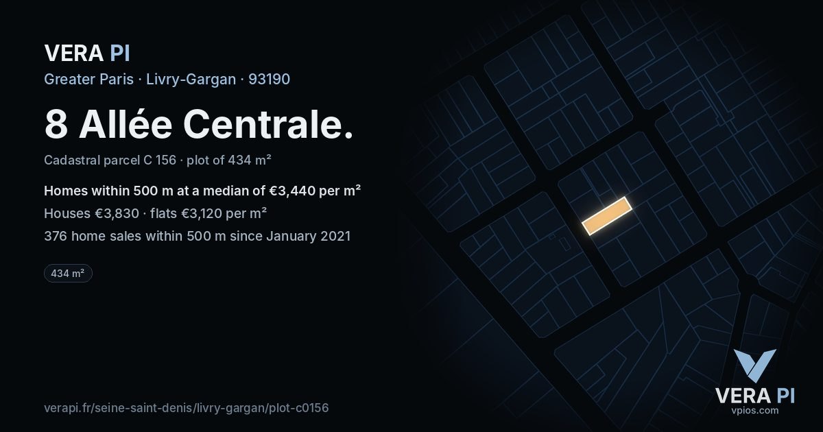 8 Allée Centrale, Livry-Gargan at night – the plot lit, the parcels around coloured by the prices near them