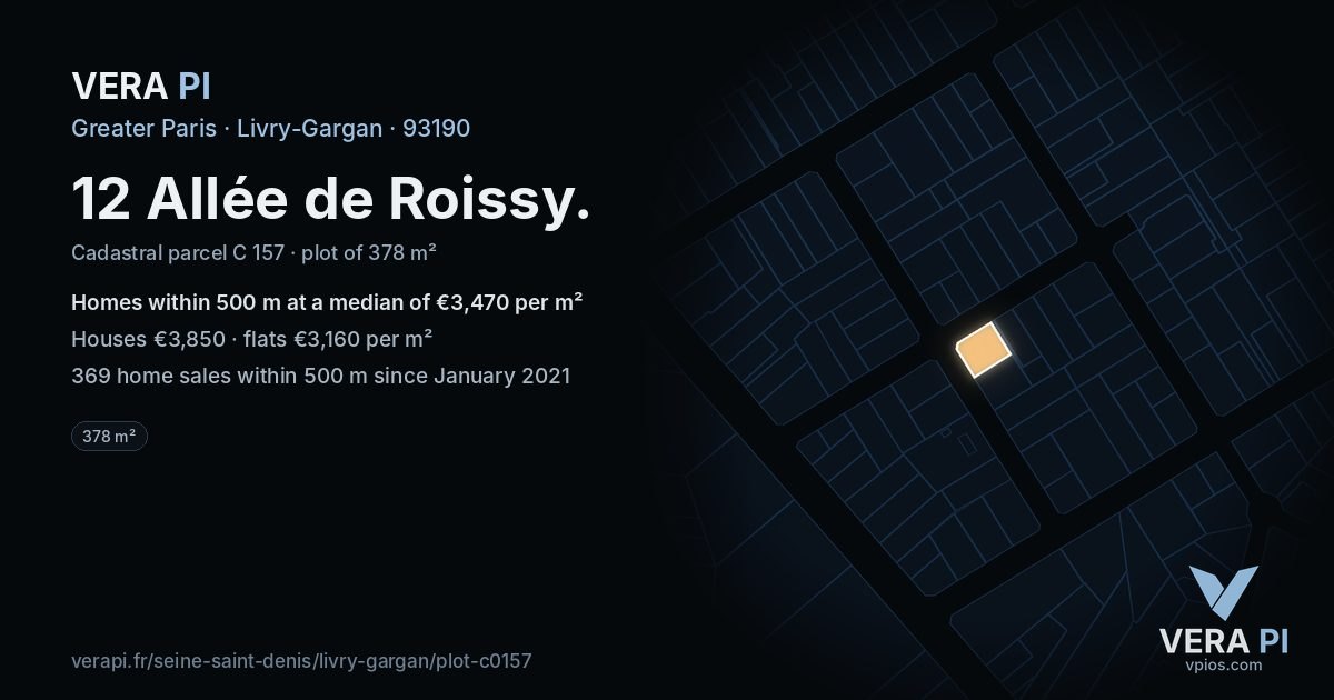 12 Allée de Roissy, Livry-Gargan at night – the plot lit, the parcels around coloured by the prices near them
