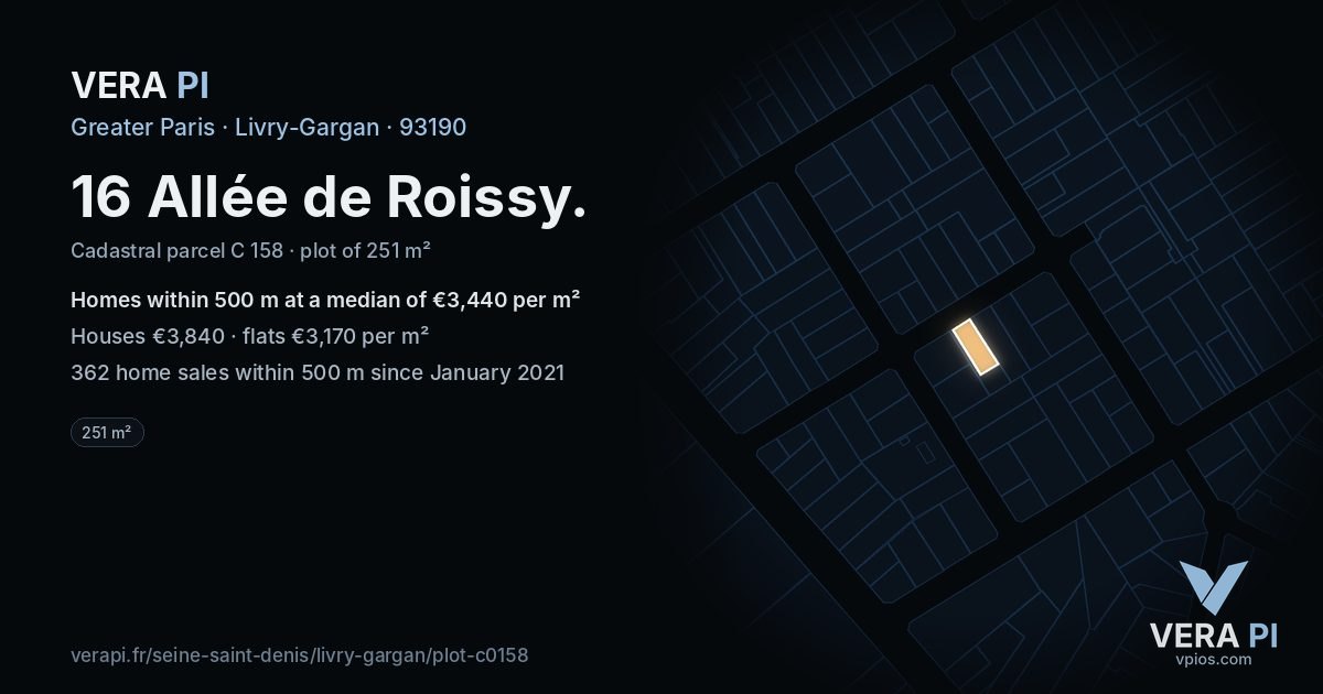 16 Allée de Roissy, Livry-Gargan at night – the plot lit, the parcels around coloured by the prices near them