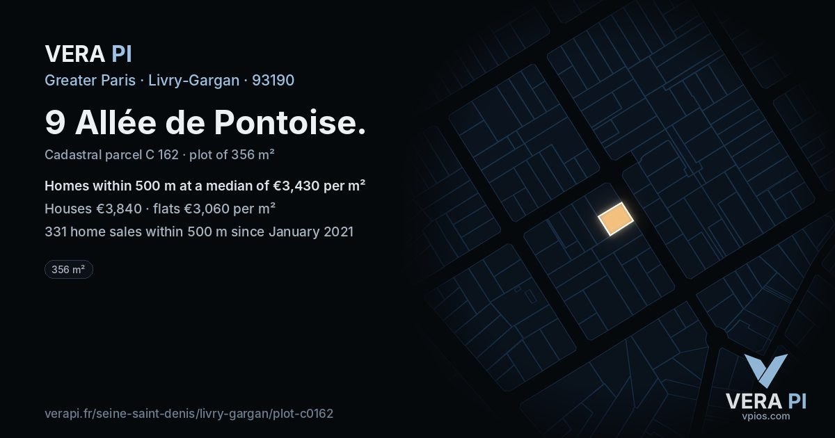 9 Allée de Pontoise, Livry-Gargan at night – the plot lit, the parcels around coloured by the prices near them