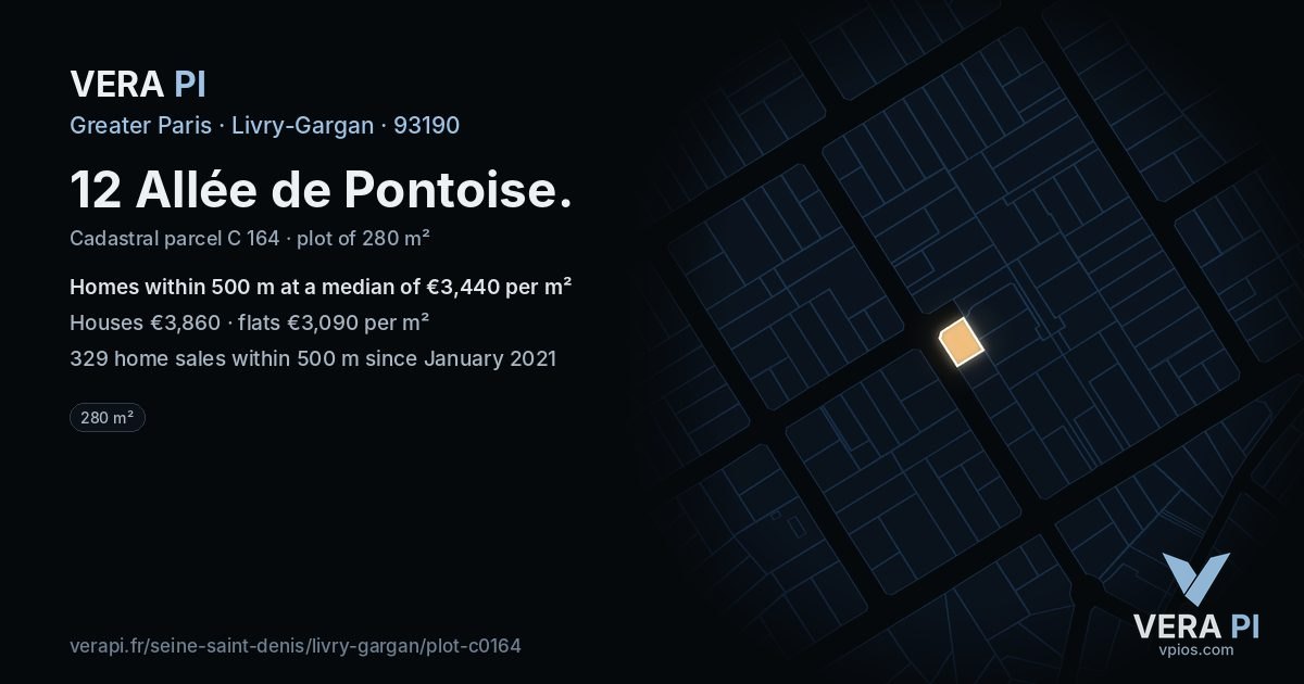 12 Allée de Pontoise, Livry-Gargan at night – the plot lit, the parcels around coloured by the prices near them