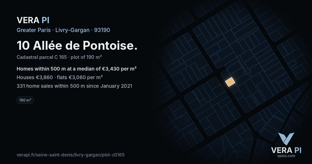 10 Allée de Pontoise, Livry-Gargan at night – the plot lit, the parcels around coloured by the prices near them