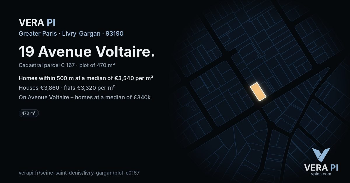 19 Avenue Voltaire, Livry-Gargan at night – the plot lit, the parcels around coloured by the prices near them