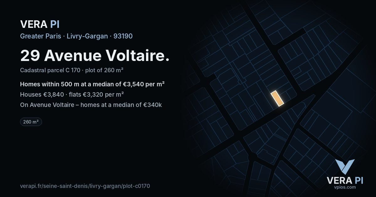 29 Avenue Voltaire, Livry-Gargan at night – the plot lit, the parcels around coloured by the prices near them