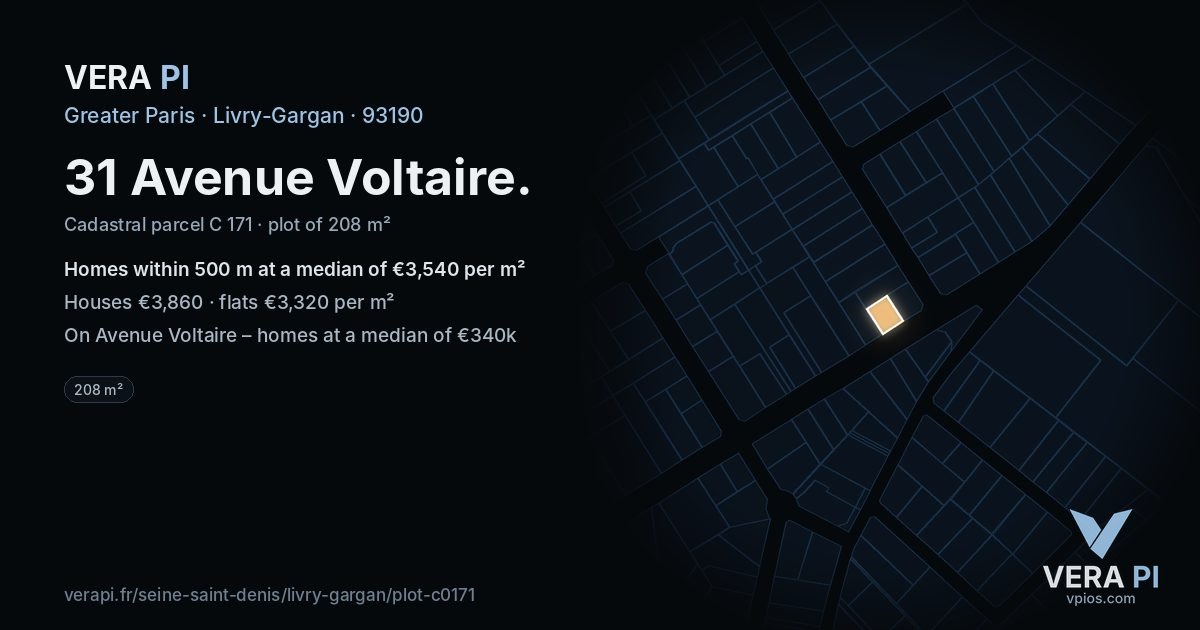 31 Avenue Voltaire, Livry-Gargan at night – the plot lit, the parcels around coloured by the prices near them