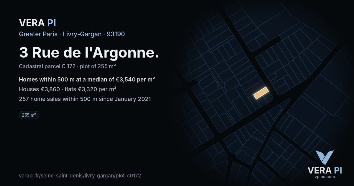 3 Rue de l'Argonne, Livry-Gargan at night – the plot lit, the parcels around coloured by the prices near them