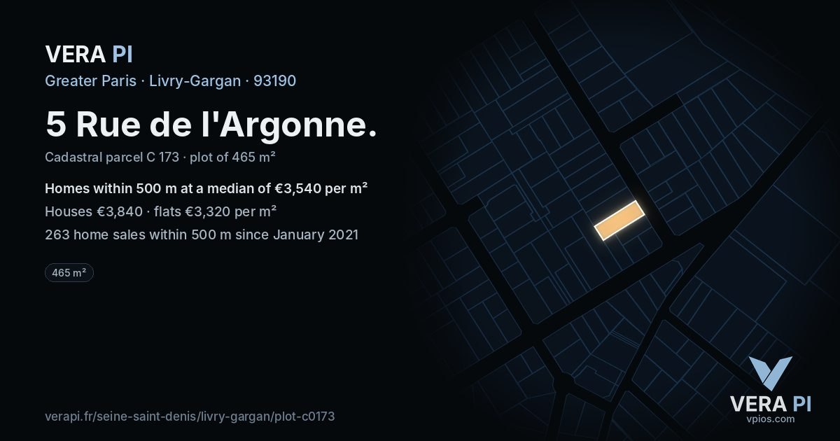 5 Rue de l'Argonne, Livry-Gargan at night – the plot lit, the parcels around coloured by the prices near them