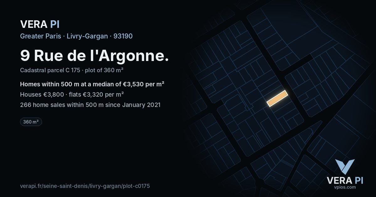 9 Rue de l'Argonne, Livry-Gargan at night – the plot lit, the parcels around coloured by the prices near them