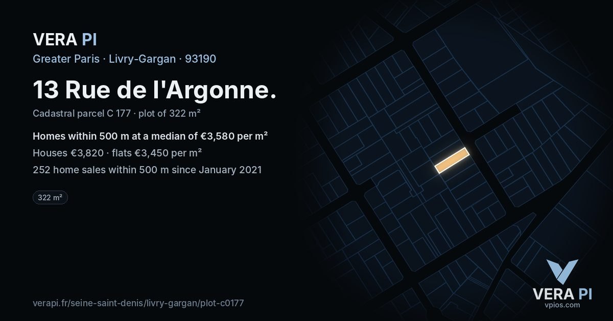 13 Rue de l'Argonne, Livry-Gargan at night – the plot lit, the parcels around coloured by the prices near them