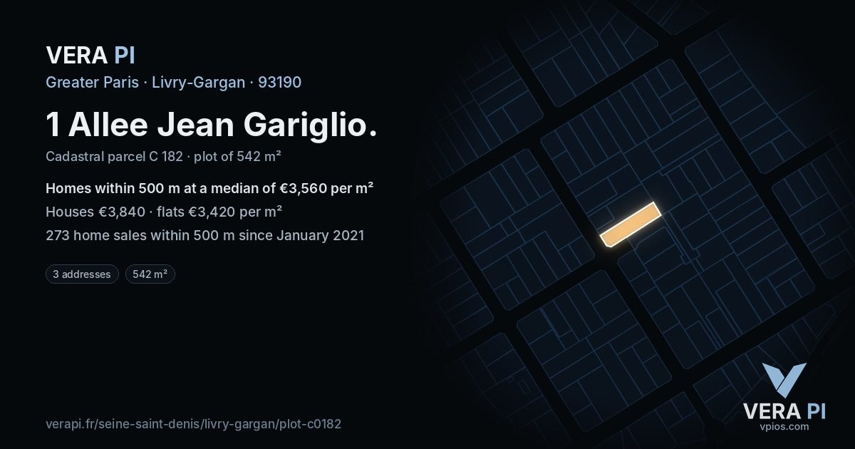 1 Allee Jean Gariglio, Livry-Gargan at night – the plot lit, the parcels around coloured by the prices near them