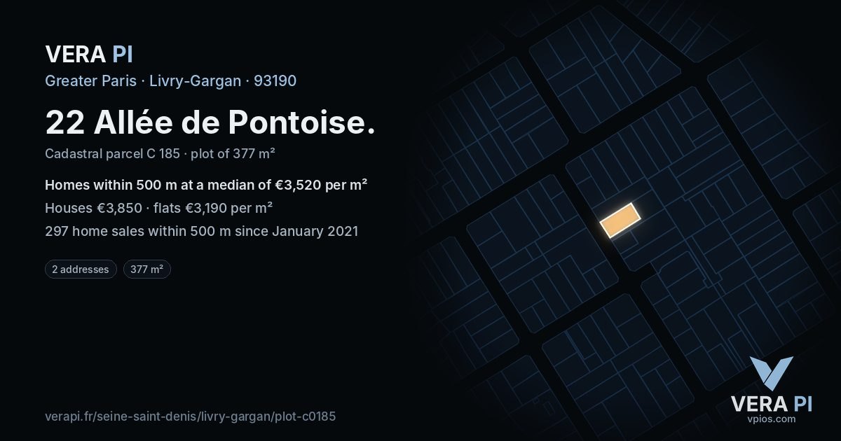 22 Allée de Pontoise, Livry-Gargan at night – the plot lit, the parcels around coloured by the prices near them