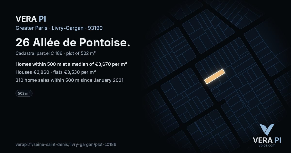 26 Allée de Pontoise, Livry-Gargan at night – the plot lit, the parcels around coloured by the prices near them