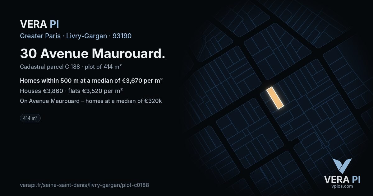 30 Avenue Maurouard, Livry-Gargan at night – the plot lit, the parcels around coloured by the prices near them