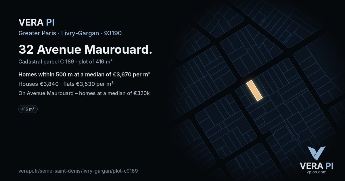 32 Avenue Maurouard, Livry-Gargan at night – the plot lit, the parcels around coloured by the prices near them