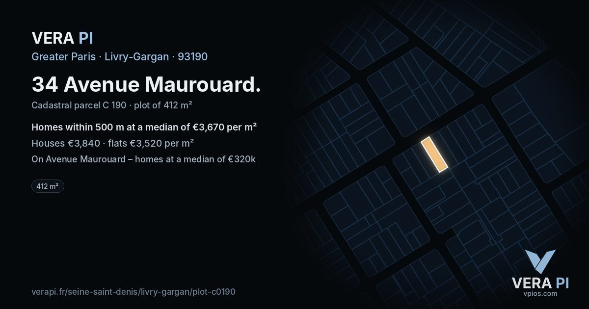 34 Avenue Maurouard, Livry-Gargan at night – the plot lit, the parcels around coloured by the prices near them