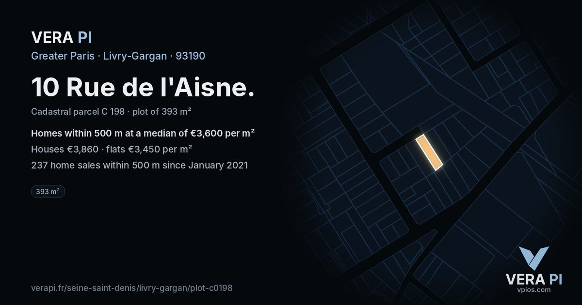 10 Rue de l'Aisne, Livry-Gargan at night – the plot lit, the parcels around coloured by the prices near them