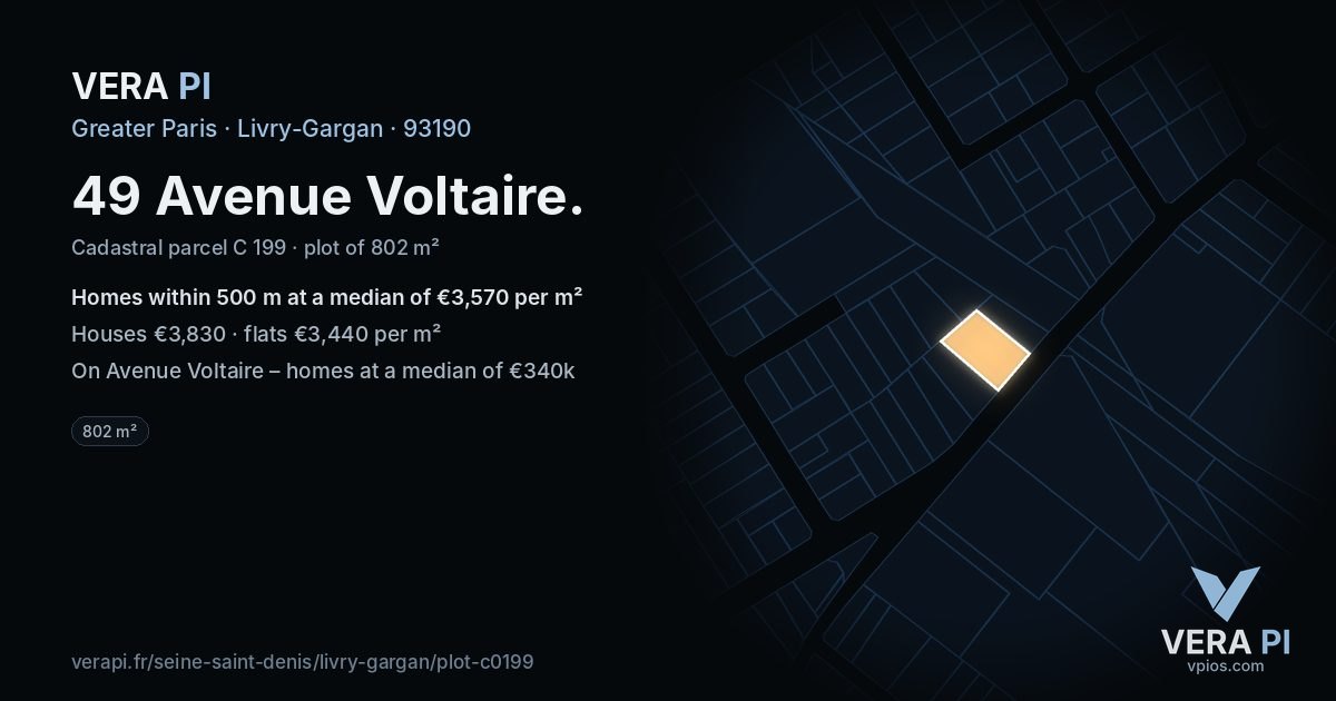 49 Avenue Voltaire, Livry-Gargan at night – the plot lit, the parcels around coloured by the prices near them