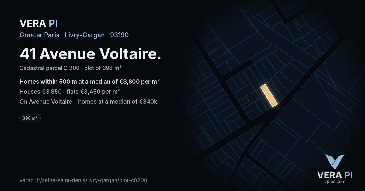 41 Avenue Voltaire, Livry-Gargan at night – the plot lit, the parcels around coloured by the prices near them