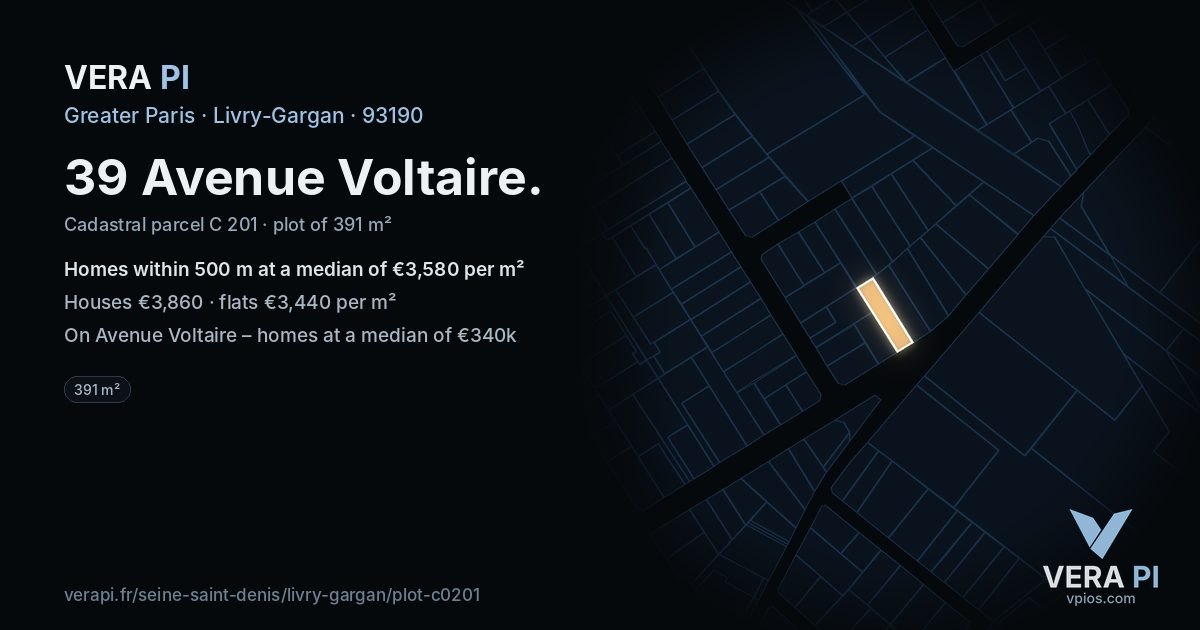39 Avenue Voltaire, Livry-Gargan at night – the plot lit, the parcels around coloured by the prices near them