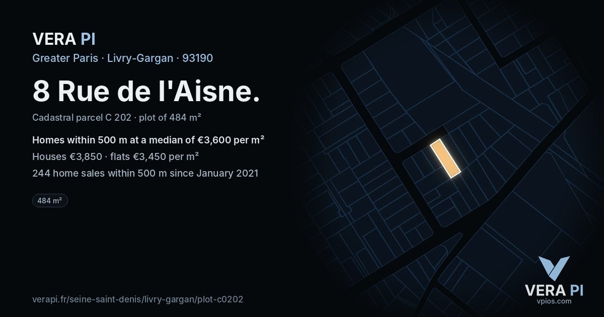 8 Rue de l'Aisne, Livry-Gargan at night – the plot lit, the parcels around coloured by the prices near them