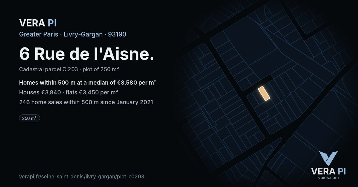 6 Rue de l'Aisne, Livry-Gargan at night – the plot lit, the parcels around coloured by the prices near them