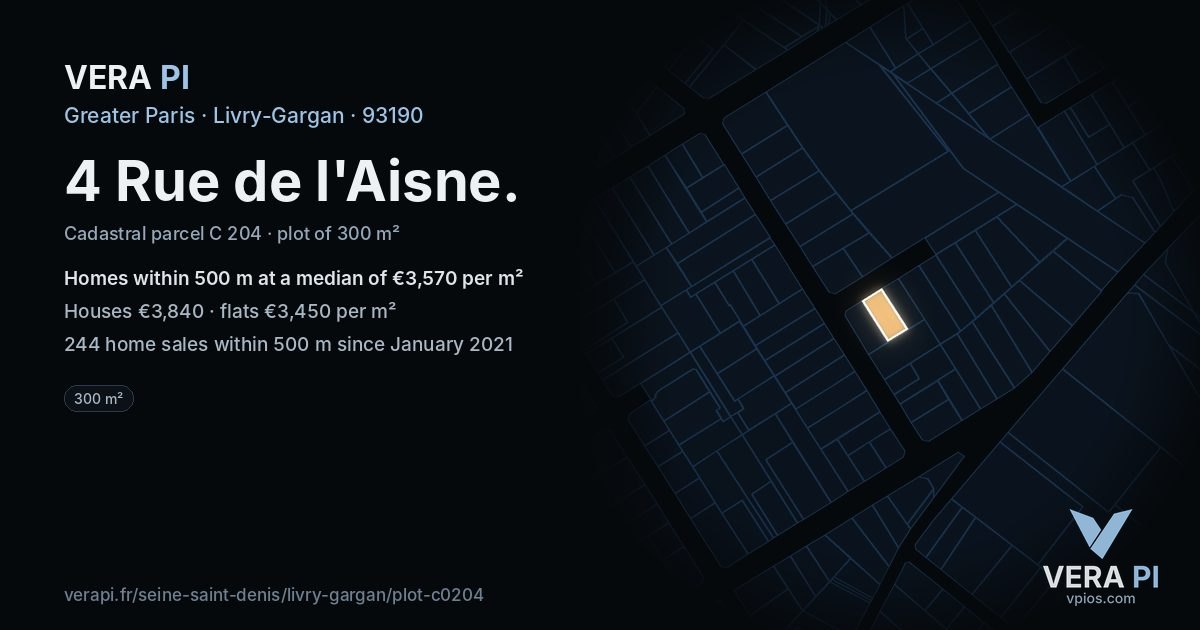 4 Rue de l'Aisne, Livry-Gargan at night – the plot lit, the parcels around coloured by the prices near them