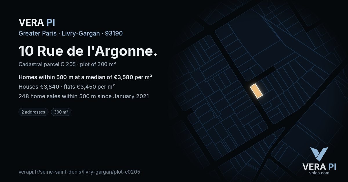 10 Rue de l'Argonne, Livry-Gargan at night – the plot lit, the parcels around coloured by the prices near them