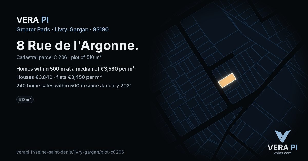 8 Rue de l'Argonne, Livry-Gargan at night – the plot lit, the parcels around coloured by the prices near them