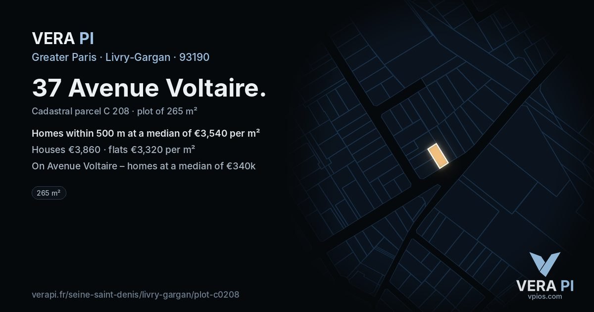37 Avenue Voltaire, Livry-Gargan at night – the plot lit, the parcels around coloured by the prices near them