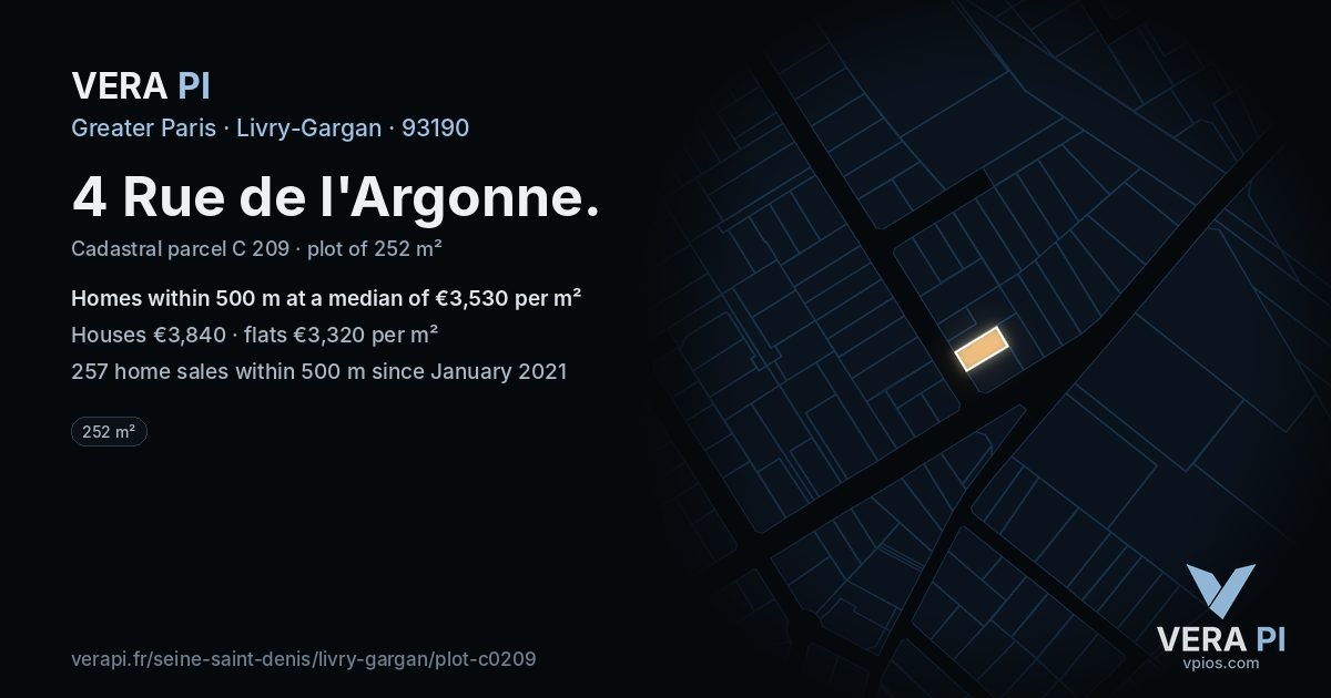 4 Rue de l'Argonne, Livry-Gargan at night – the plot lit, the parcels around coloured by the prices near them