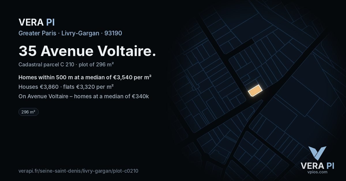 35 Avenue Voltaire, Livry-Gargan at night – the plot lit, the parcels around coloured by the prices near them