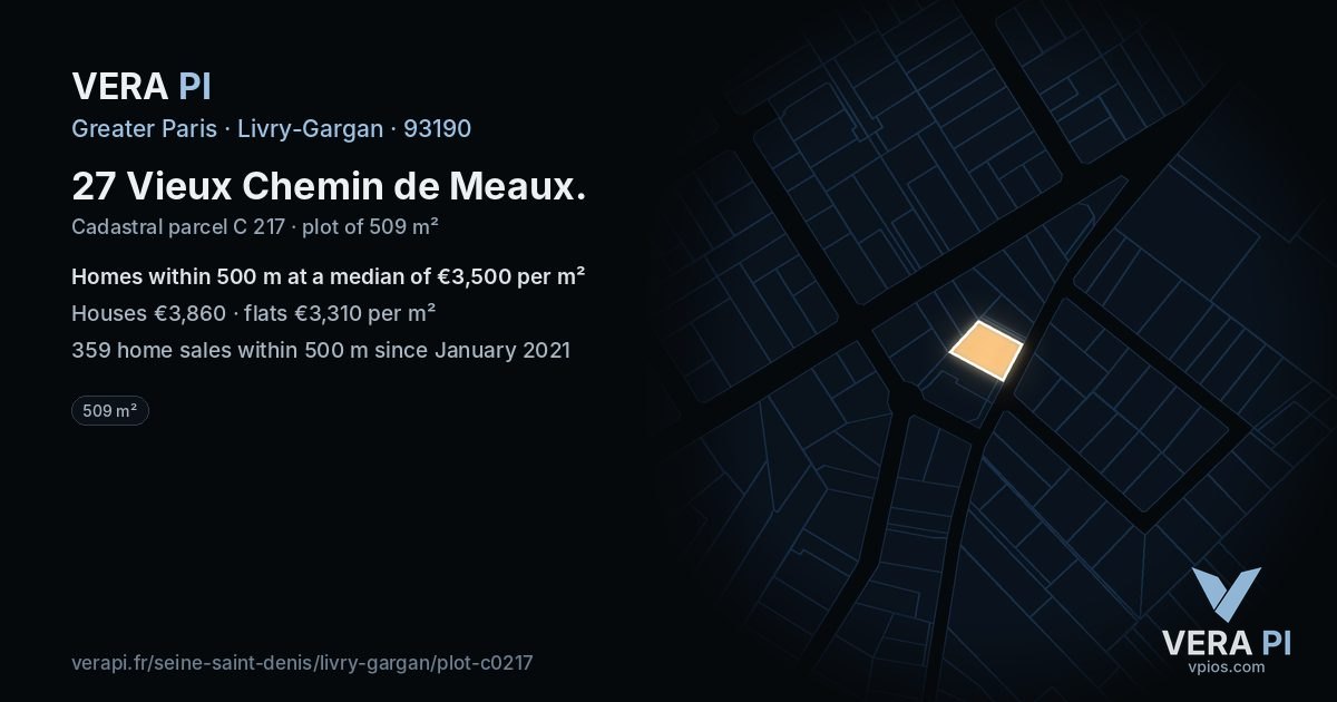 27 Vieux Chemin de Meaux, Livry-Gargan at night – the plot lit, the parcels around coloured by the prices near them