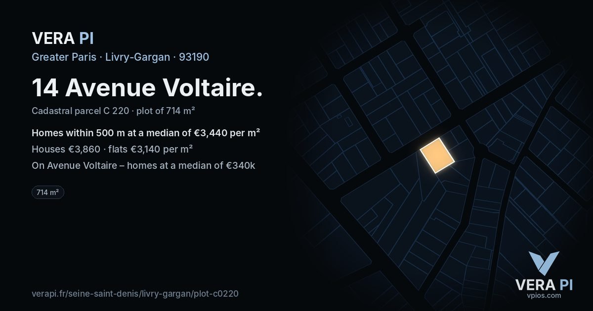 14 Avenue Voltaire, Livry-Gargan at night – the plot lit, the parcels around coloured by the prices near them