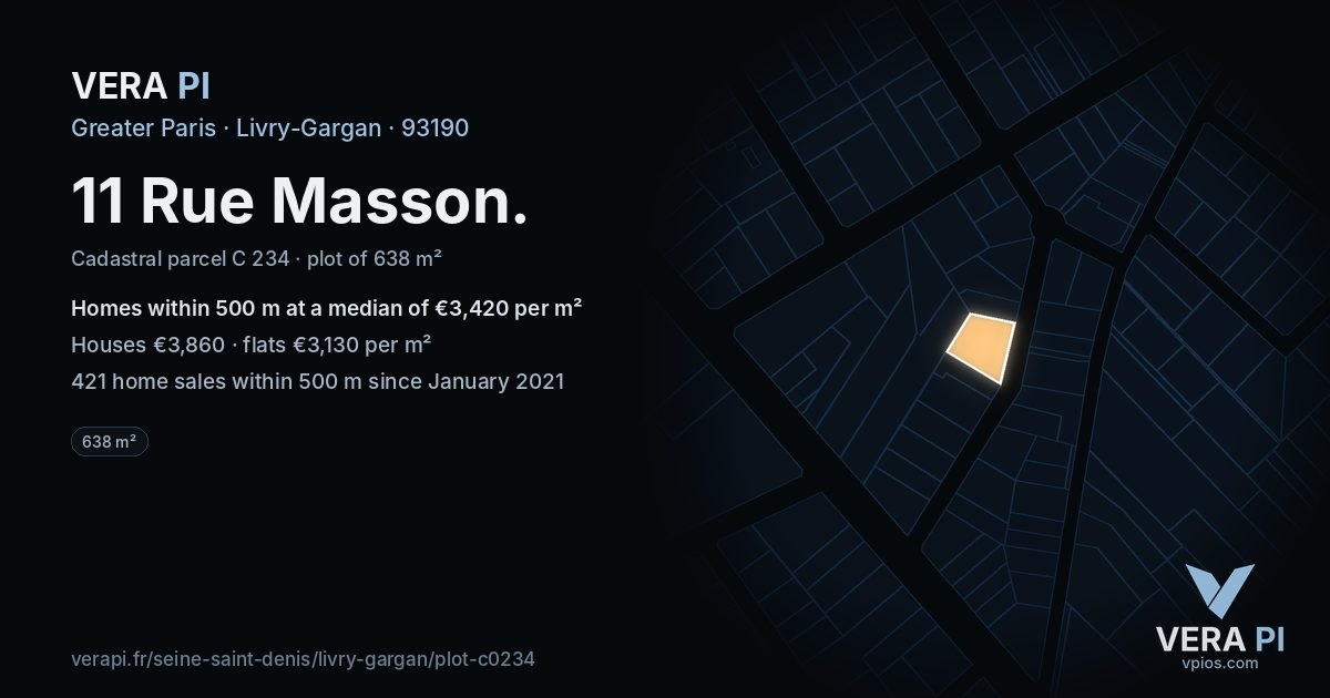 11 Rue Masson, Livry-Gargan at night – the plot lit, the parcels around coloured by the prices near them