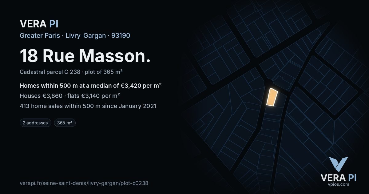 18 Rue Masson, Livry-Gargan at night – the plot lit, the parcels around coloured by the prices near them
