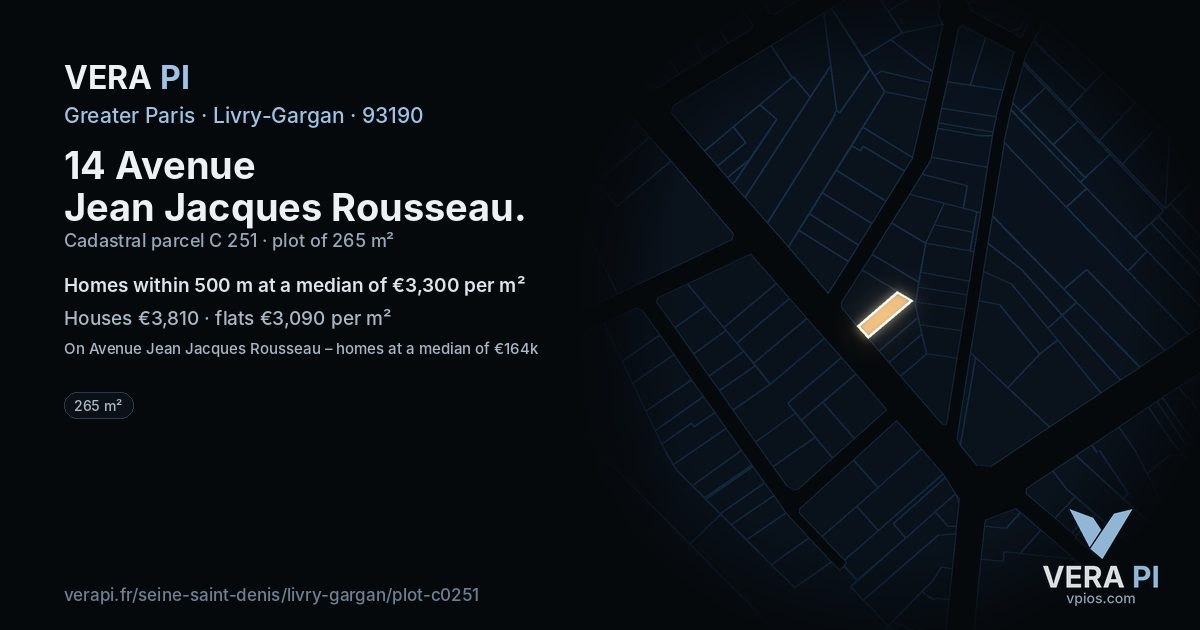 14 Avenue Jean Jacques Rousseau, Livry-Gargan at night – the plot lit, the parcels around coloured by the prices near them