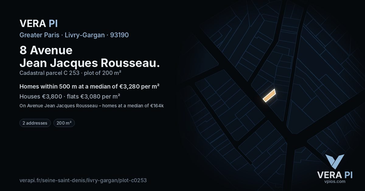 8 Avenue Jean Jacques Rousseau, Livry-Gargan at night – the plot lit, the parcels around coloured by the prices near them
