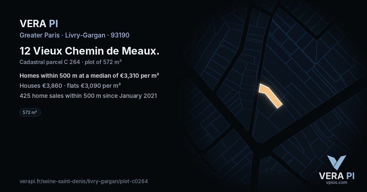 12 Vieux Chemin de Meaux, Livry-Gargan at night – the plot lit, the parcels around coloured by the prices near them
