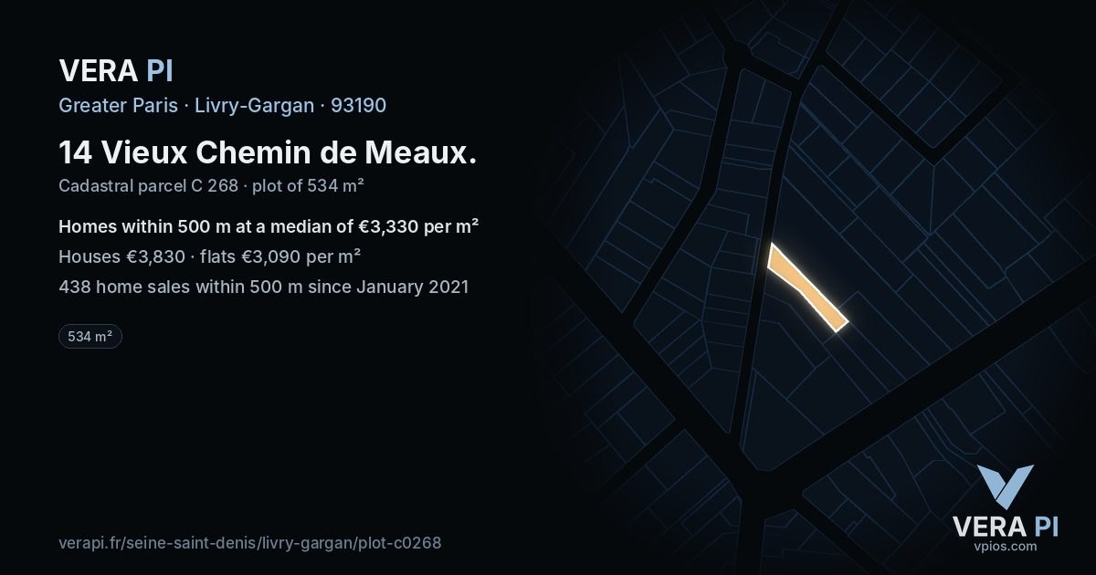 14 Vieux Chemin de Meaux, Livry-Gargan at night – the plot lit, the parcels around coloured by the prices near them