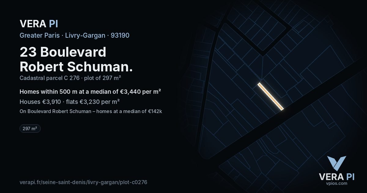 23 Boulevard Robert Schuman, Livry-Gargan at night – the plot lit, the parcels around coloured by the prices near them
