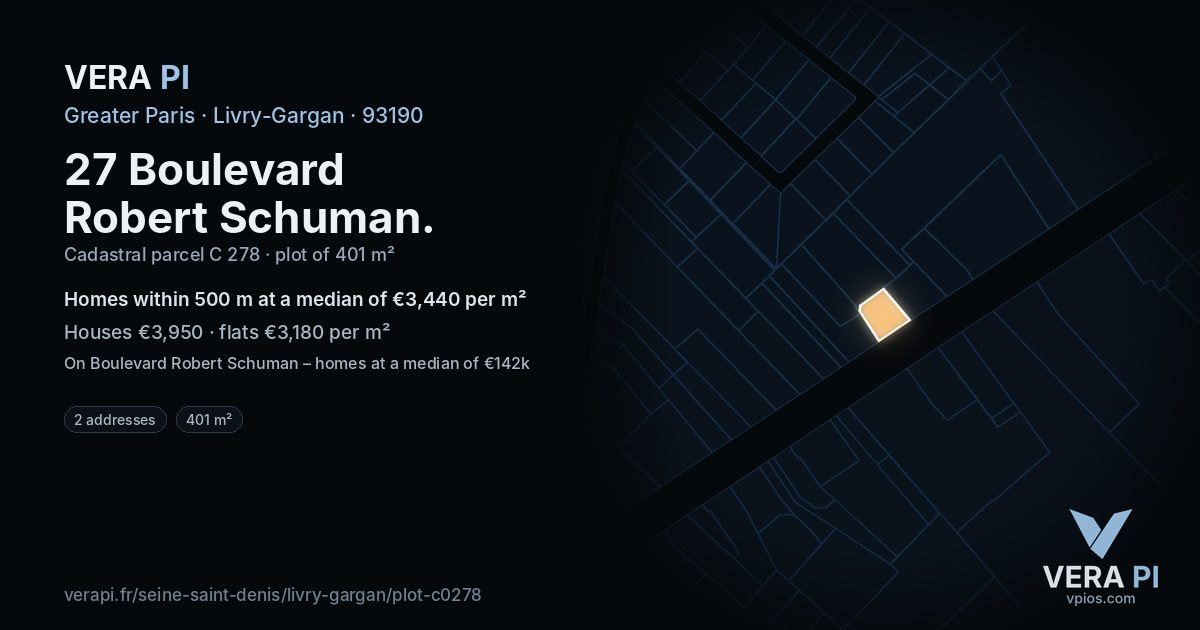 27 Boulevard Robert Schuman, Livry-Gargan at night – the plot lit, the parcels around coloured by the prices near them