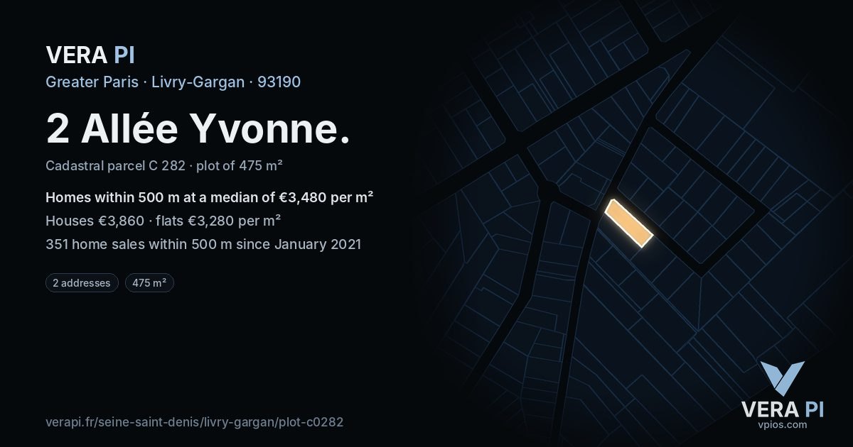 2 Allée Yvonne, Livry-Gargan at night – the plot lit, the parcels around coloured by the prices near them